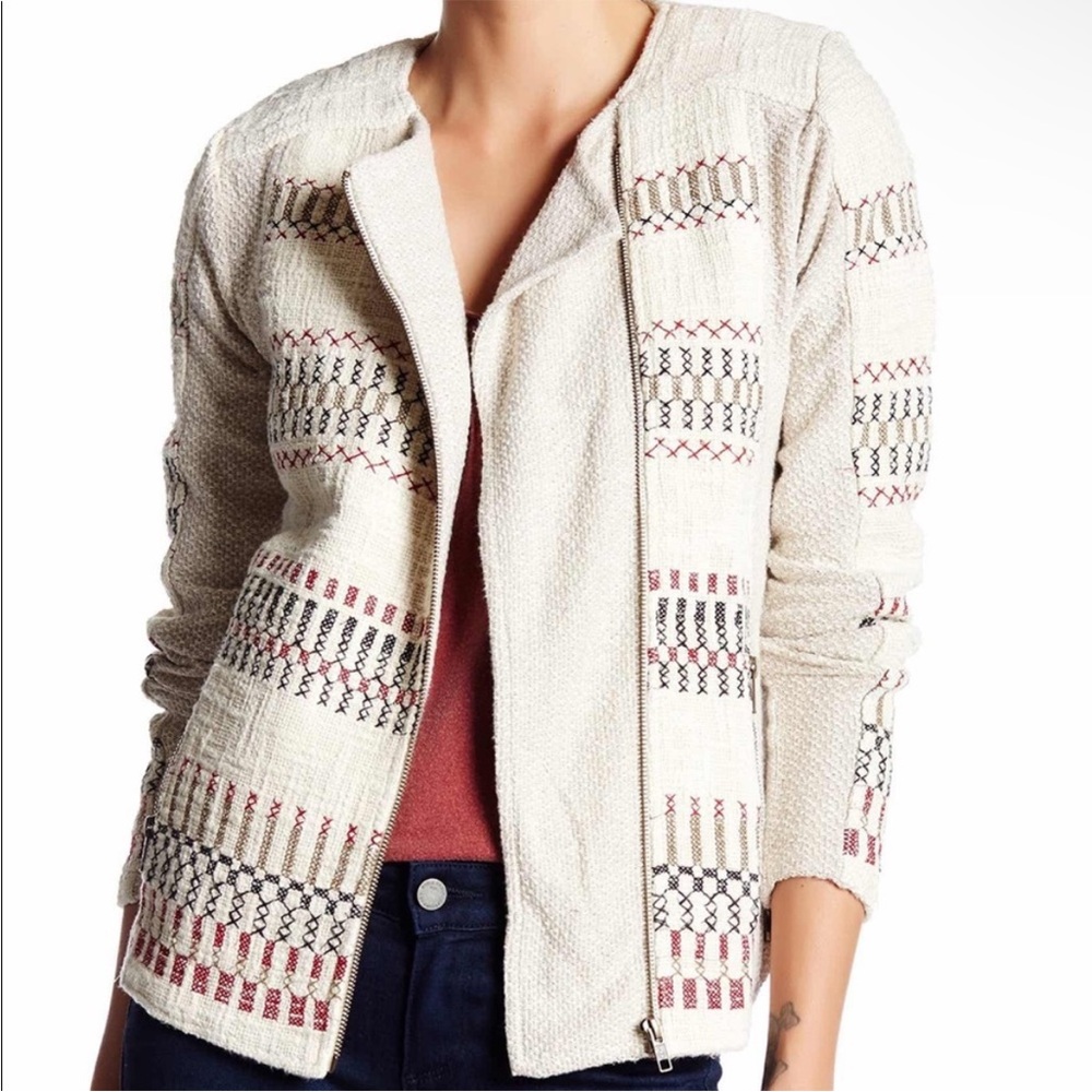 Lucky Brand Boucle Embroidered Zip-Up Jacket / Blazer Cream size M